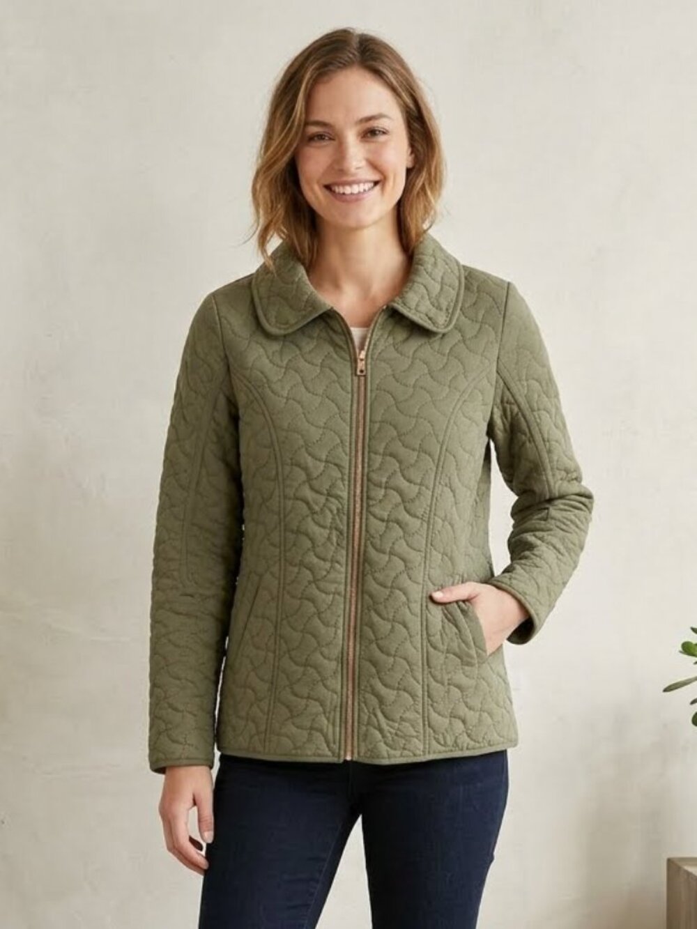 Soft Surroundings Women Greenspace Quilted Zip Up Jacket Sz S Olive Green Cotton